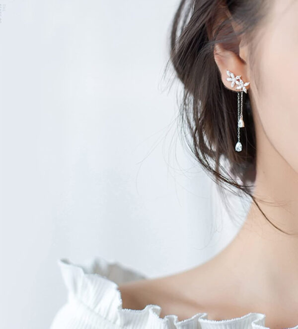 925 Sterling Silver CZ Flower Wrap Dangle Earrings - Bridal & Wedding