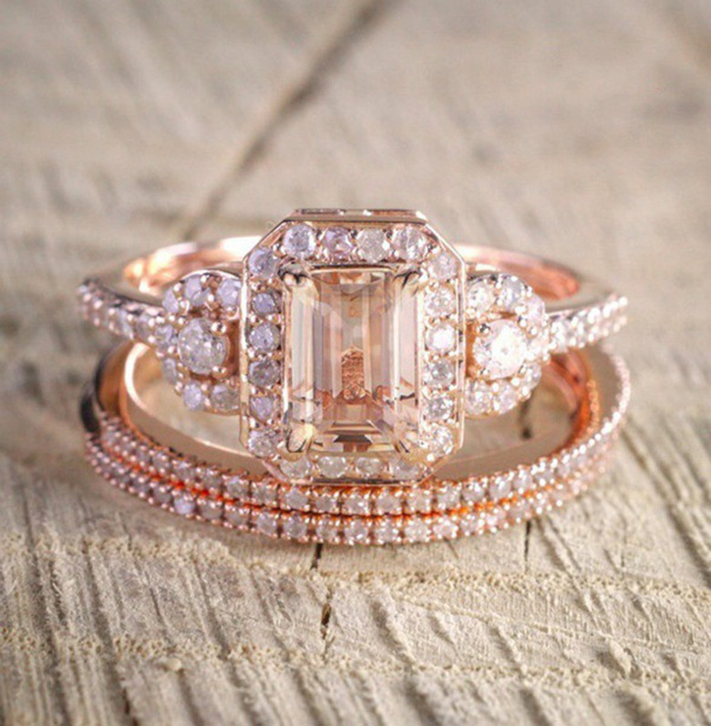 New Product Hot Sale 18k Rose Gold Plated Ring Set, European and American Micro Inlaid Engagement Ring, Female Cross border Source