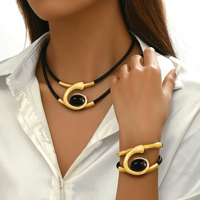Modern Elegance: Black & Silver Leather  Choker Necklace and Bracelet Set Elegant 14K Gold Plated Black  Onyx Necklace and Bracelet Set